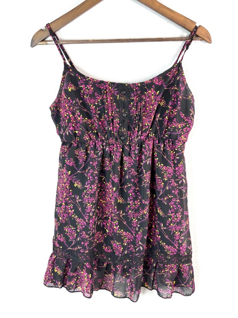 Lily Star L Babydoll Y2K Black Tank with Pink Floral Print